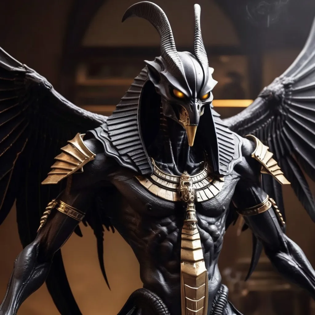 Prompt: Xenomorph anubis with wings, angry, nightmare scene