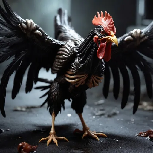 Prompt: Xenomorph chicken with wings, angry, nightmare scene