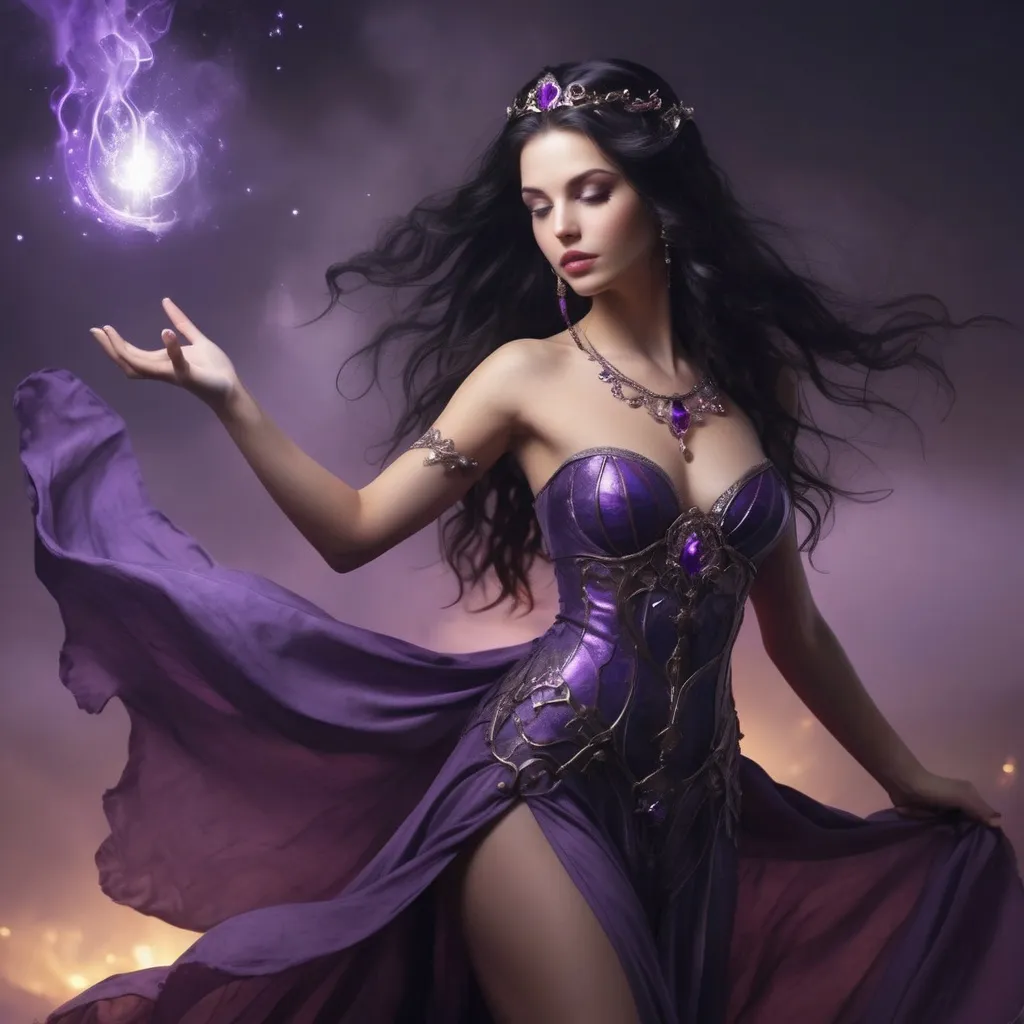 Prompt: Beautiful lady, dark hair, godess of magic, in purple dress, full body, fantasy kindom scene