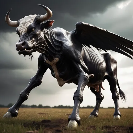 Prompt: Xenomorph cow with wings, angry, nightmare scene