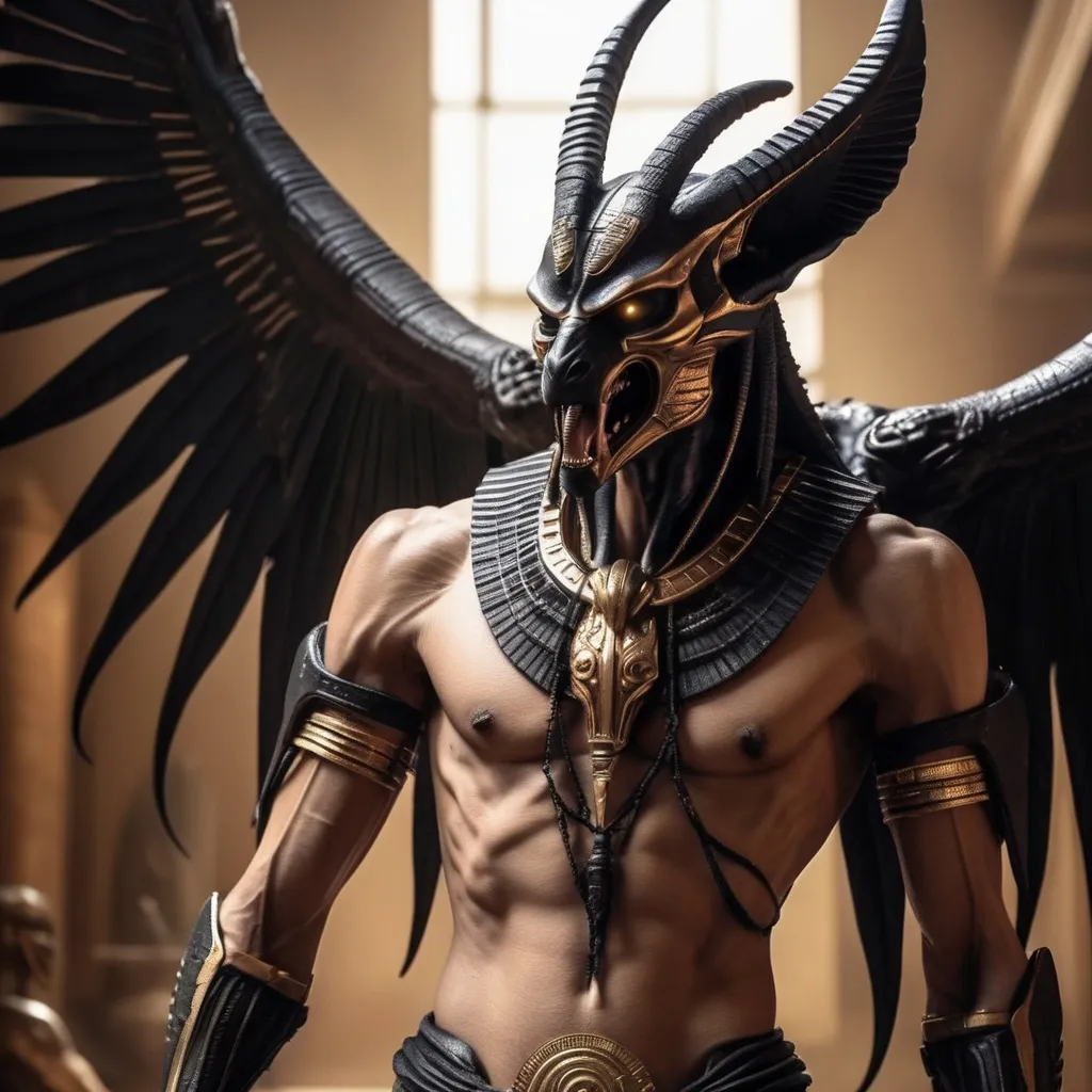 Prompt: Xenomorph anubis with wings, angry, nightmare scene