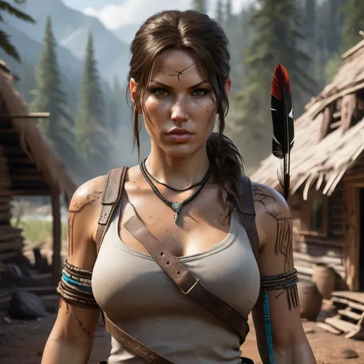 Prompt: Ultra realistic Lara croft in native american village