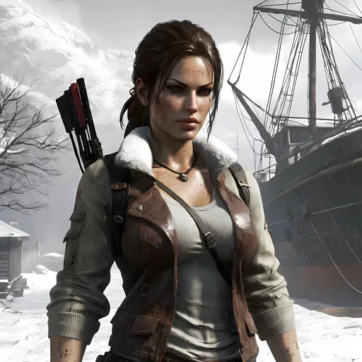 Prompt: Lara croft in russian dock, snowing