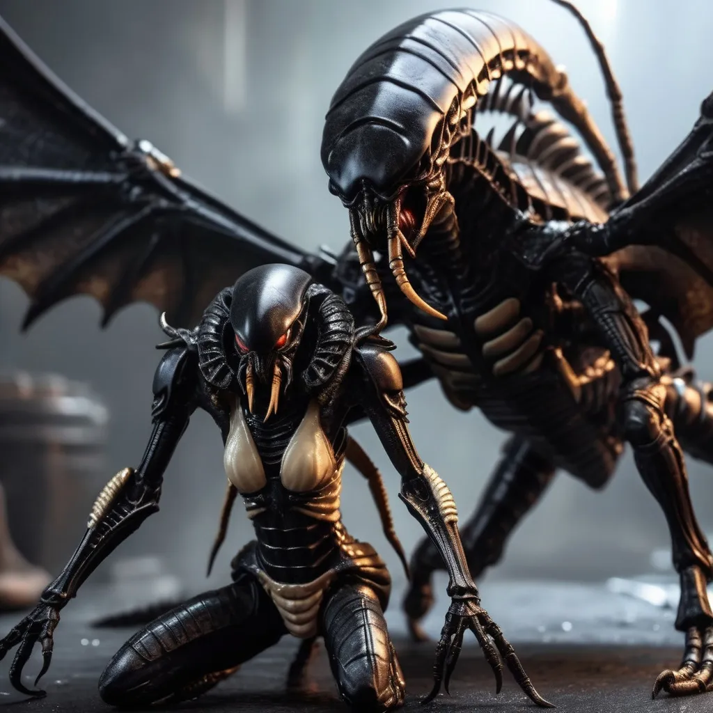 Prompt: Xenomorph scorpion and lady with wings, angry, nightmare scene