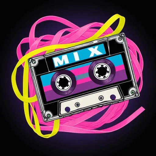 Prompt: A retro 90s cassette tape with a tangled ribbon spelling out "Mix Tape Memories" in vibrant neon colors.