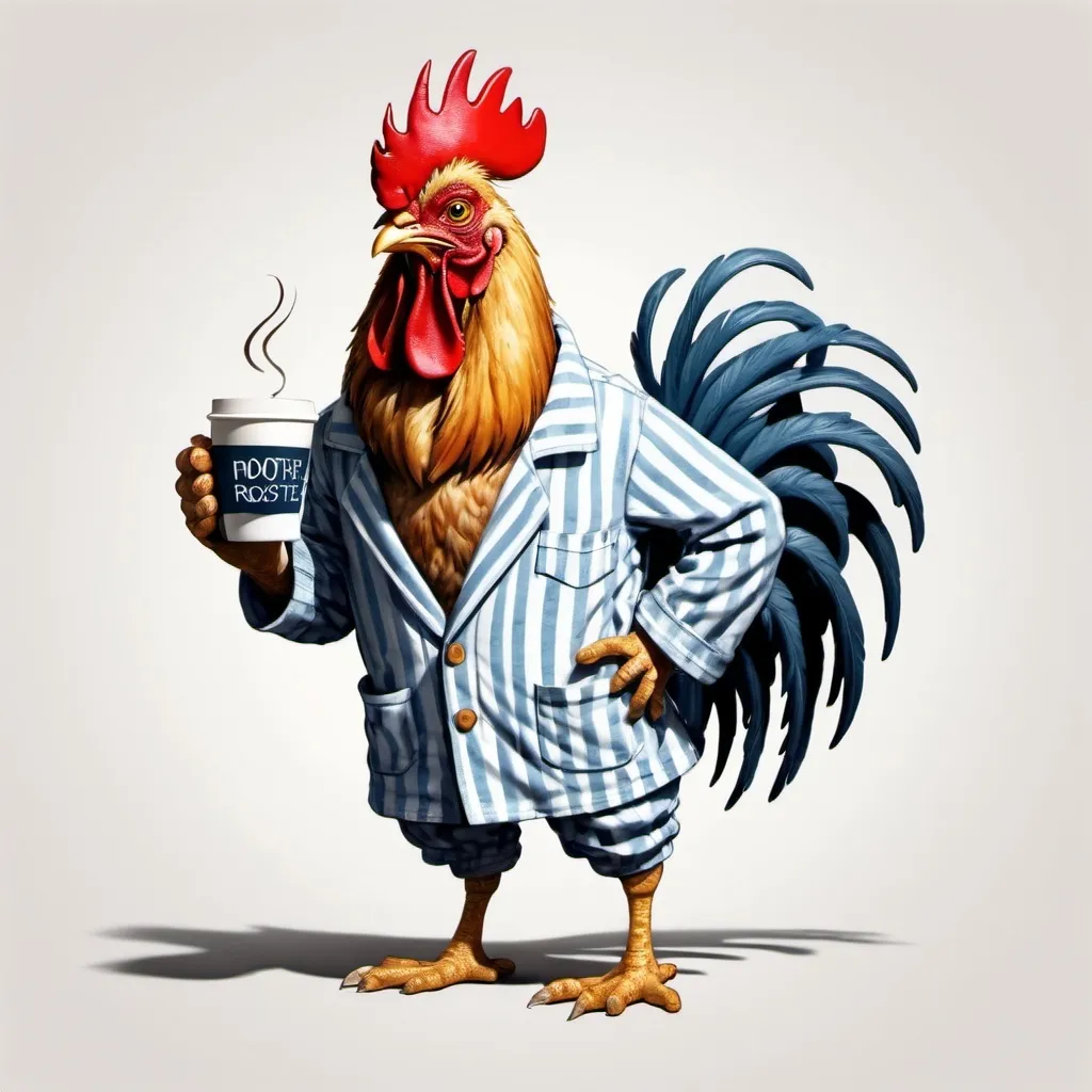 Prompt: Create a humorous and detailed illustration of a disheveled human-like rooster standing upright, dressed in pajamas. The rooster should have ruffled feathers, droopy eyes, and an exhausted expression. It should be holding a steaming cup of coffee in one wing, with a small empty cup on the floor nearby. The rooster should be wearing striped pajama pants, a wrinkled robe, and oversized slippers, enhancing its sleepy and comical appearance. The background should be plain to focus on the character's humorous and relatable demeanor.

Size: 1024x1024