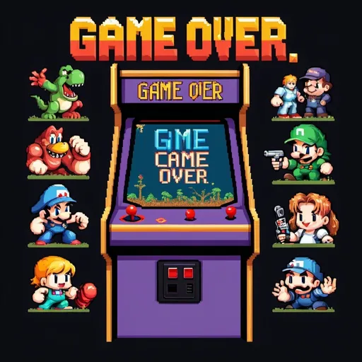 Prompt: A classic arcade machine with pixel art characters and a high-score screen displaying the words "Game Over" in a nostalgic font.