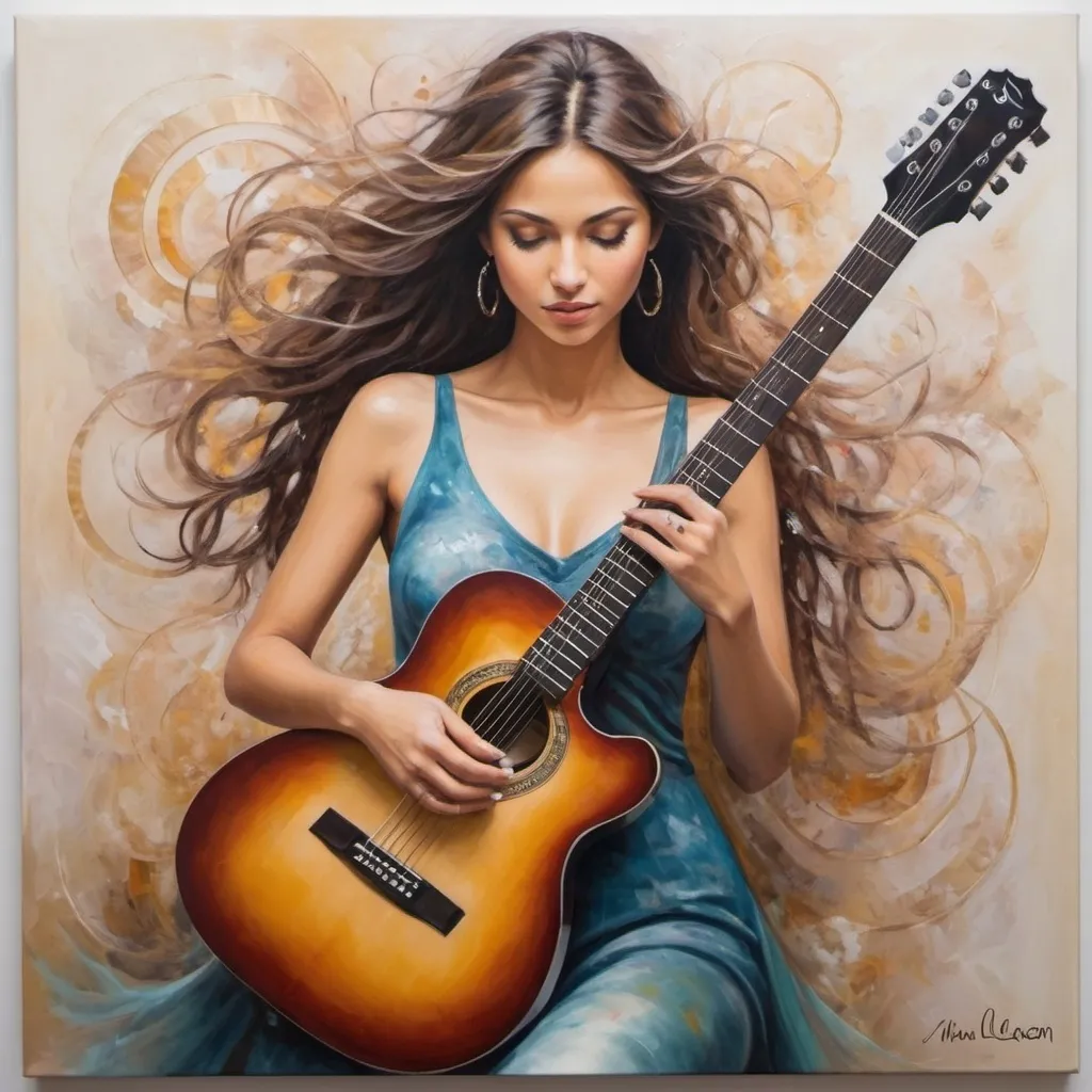 Prompt: Create an acrylic painting that symbolizes the melodic fusion of femininity and the guitar, blending delicate feminine elements with the powerful symbol of music to convey a harmonious connection between creativity, beauty, and musical expression.