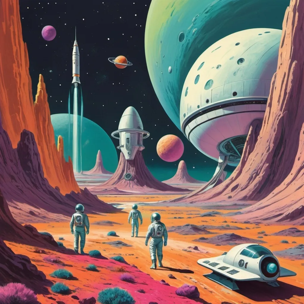 Prompt: A 1960s-style illustration of astronauts exploring a colorful, alien landscape with retro-futuristic spacecraft.