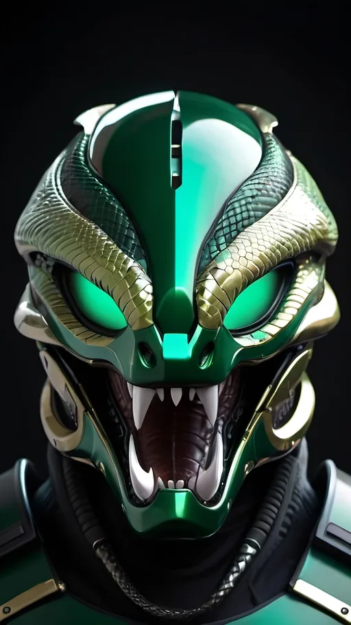 Prompt: futuristic armor helmet, intricate snake design, open jaws fiercely displayed, sleek metallic finish, vibrant hues of emerald green and deep black, cinematic lighting highlighting curves and details, dynamic shadows creating depth, ultra-detailed, high-quality resolution, bold ambiance reflecting strength and stealth, sci-fi themes.