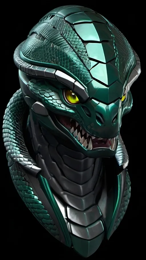 Prompt: futuristic armor helmet, intricate snake design, open jaws fiercely displayed, sleek metallic finish, black with dark emerald reflections and a scaly appearance, cinematic lighting highlighting curves and details, dynamic shadows creating depth, ultra-detailed, high-quality resolution, bold ambiance reflecting strength and stealth, sci-fi themes.