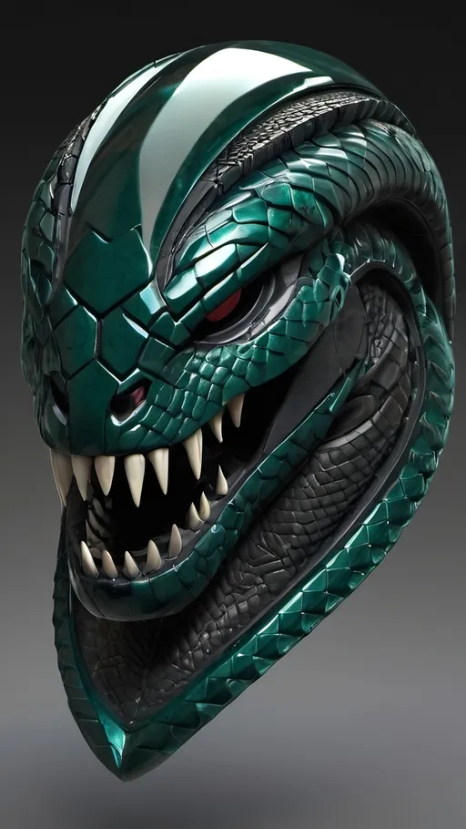 Prompt: futuristic armor helmet, intricate snake design, open jaws fiercely displayed, sleek metallic finish, black with dark emerald reflections and a scaly appearance, cinematic lighting highlighting curves and details, dynamic shadows creating depth, ultra-detailed, high-quality resolution, bold ambiance reflecting strength and stealth, sci-fi themes.