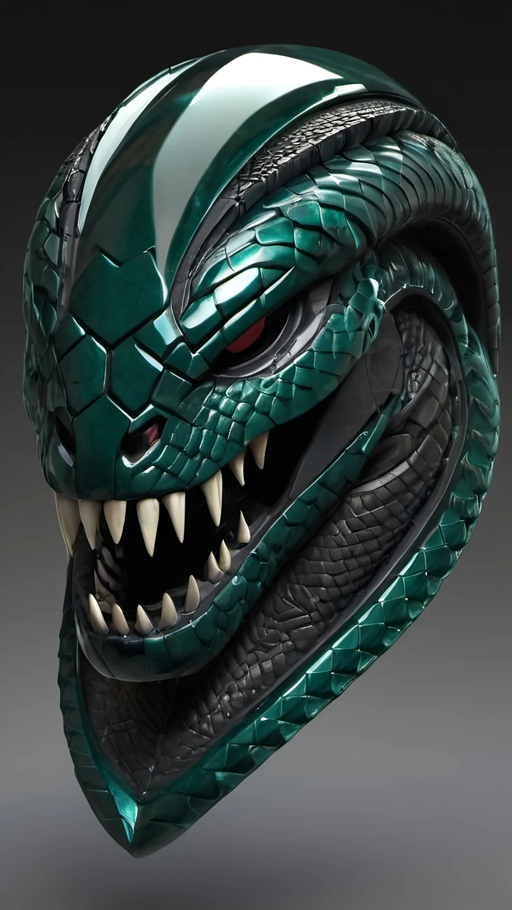 Prompt: futuristic armor helmet, intricate snake design, open jaws fiercely displayed, sleek metallic finish, black with dark emerald reflections and a scaly appearance, cinematic lighting highlighting curves and details, dynamic shadows creating depth, ultra-detailed, high-quality resolution, bold ambiance reflecting strength and stealth, sci-fi themes.