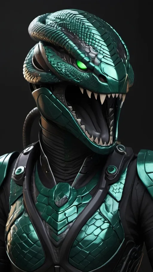 Prompt: futuristic armor helmet, intricate snake design, open jaws fiercely displayed, sleek metallic finish, black with dark emerald reflections and a scaly appearance, cinematic lighting highlighting curves and details, dynamic shadows creating depth, ultra-detailed, high-quality resolution, bold ambiance reflecting strength and stealth, sci-fi themes.