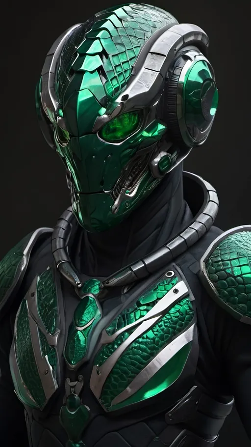 Prompt: futuristic armor helmet, intricate snake design, open jaws fiercely displayed, sleek metallic finish, vibrant hues of emerald green and deep black, cinematic lighting highlighting curves and details, dynamic shadows creating depth, ultra-detailed, high-quality resolution, bold ambiance reflecting strength and stealth, sci-fi themes.