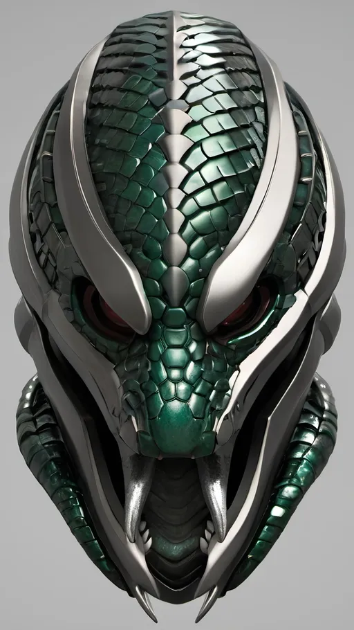 Prompt: futuristic armor helmet, intricate snake design, open jaws fiercely displayed, sleek metallic finish, black with dark emerald reflections and a scaly appearance, cinematic lighting highlighting curves and details, dynamic shadows creating depth, ultra-detailed, high-quality resolution, bold ambiance reflecting strength and stealth, sci-fi themes.