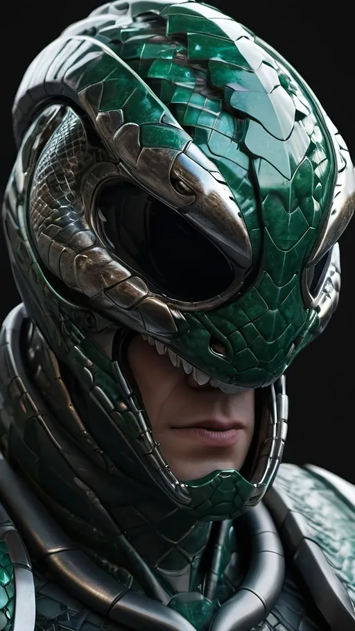 Prompt: futuristic armor helmet, intricate snake design, open jaws fiercely displayed, sleek metallic finish, black with dark emerald reflections and a scaly appearance, cinematic lighting highlighting curves and details, dynamic shadows creating depth, ultra-detailed, high-quality resolution, bold ambiance reflecting strength and stealth, sci-fi themes.