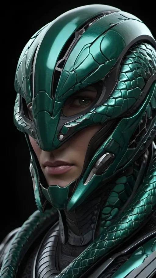 Prompt: futuristic armor helmet, intricate snake design, open jaws fiercely displayed, sleek metallic finish, black with dark emerald reflections and a scaly appearance, cinematic lighting highlighting curves and details, dynamic shadows creating depth, ultra-detailed, high-quality resolution, bold ambiance reflecting strength and stealth, sci-fi themes.