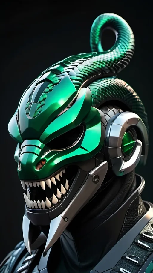 Prompt: futuristic armor helmet, intricate snake design, open jaws fiercely displayed, sleek metallic finish, vibrant hues of emerald green and deep black, cinematic lighting highlighting curves and details, dynamic shadows creating depth, ultra-detailed, high-quality resolution, bold ambiance reflecting strength and stealth, sci-fi themes.