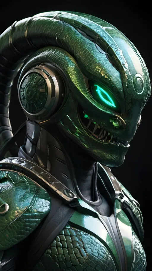 Prompt: futuristic armor helmet, intricate snake design, open jaws fiercely displayed, sleek metallic finish, vibrant hues of emerald green and deep black, cinematic lighting highlighting curves and details, dynamic shadows creating depth, ultra-detailed, high-quality resolution, bold ambiance reflecting strength and stealth, sci-fi themes.