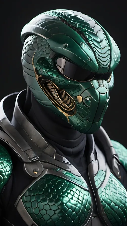 Prompt: futuristic armor helmet, intricate snake design, open jaws fiercely displayed, sleek metallic finish, black with dark emerald reflections and a scaly appearance, cinematic lighting highlighting curves and details, dynamic shadows creating depth, ultra-detailed, high-quality resolution, bold ambiance reflecting strength and stealth, sci-fi themes.