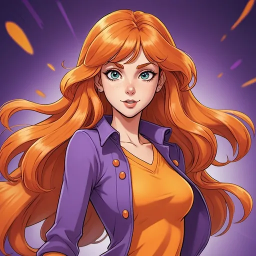 Prompt: Anime illustration of Daphne from Scooby-Doo, vibrant and colorful, anime style, detailed eyes and outfit, flowing orange hair, mystery-solving expression, high-quality, vibrant colors, anime, detailed eyes, vibrant, mystery-solving, anime-style, flowing hair, professional, highres