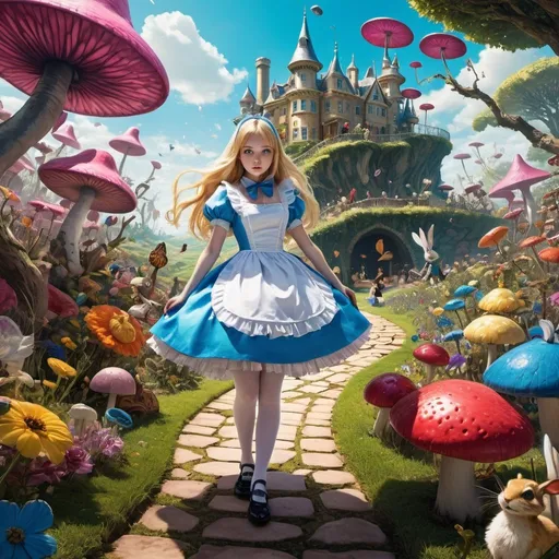 Prompt: Anime depiction of Alice in Wonderland, vibrant colors, whimsical fantasy setting, detailed characters, surreal landscape, intricate costume design, highres, ultra-detailed, anime, fantasy, vibrant colors, whimsical, surreal, detailed characters, intricate design, professional, atmospheric lighting