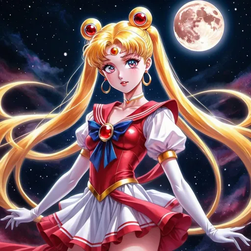 Prompt: Anime illustration of a powerful Sailor Moon character, magical girl, flowing and vibrant, sparkly transformation, vibrant and ethereal, moonlit night background, detailed and expressive eyes, iconic red and white outfit, glowing magical staff, ethereal aura, mystical and enchanting, high-quality, anime, magical girl, vibrant colors, moonlit, detailed eyes, iconic outfit, sparkly, ethereal aura