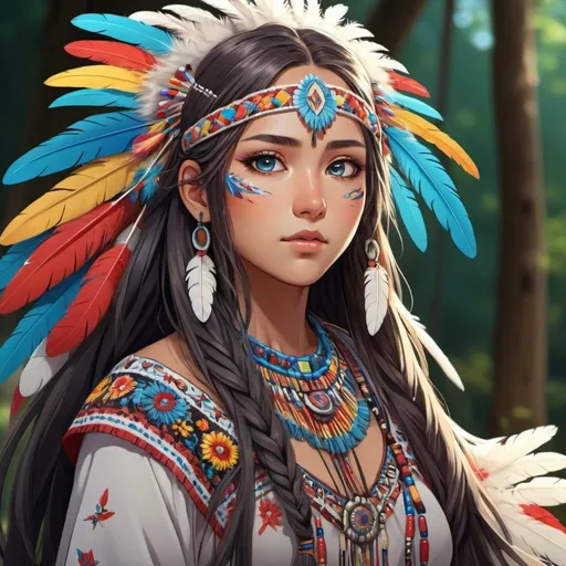 Prompt: Ojibwa anime girl, traditional clothing with intricate beadwork, bright and vibrant colors, detailed eyes with a serene expression, flowing long hair adorned with feathers, 4k, ultra-detailed, anime, traditional, vibrant colors, intricate details, serene expression, feather adornments, professional, natural lighting