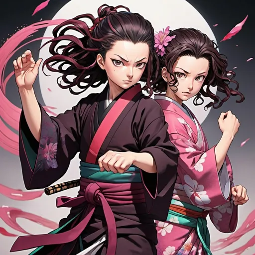 Prompt: Nezuko and Tanjiro, manga illustration, vibrant colors, dynamic action poses, detailed kimono designs, intense emotions, anime style, high quality, vibrant colors, dynamic composition, detailed character expressions, detailed clothing, dramatic lighting