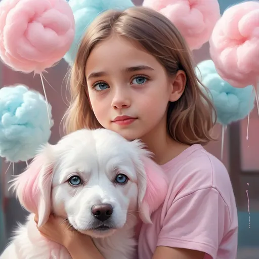 Prompt: Lone girl with cotton candy, loyal pet dog Lilly, pastel color tones, heartwarming scene, cute and whimsical, detailed facial expression, soft and dreamy, high quality, digital painting, pastel tones, emotional connection, detailed cotton candy, adorable dog, heartwarming, loyal companionship, detailed eyes, soft lighting