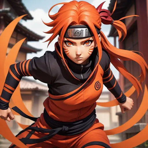 Prompt: High-quality anime illustration of a fierce Naruto girl, vibrant red and orange tones, ninja village setting, detailed ninja attire with intricate patterns, intense and determined gaze, flowing red hair in action, dynamic pose, best quality, ultra-detailed, anime, action, vibrant tones, ninja, detailed clothing, determined expression, professional, dynamic lighting