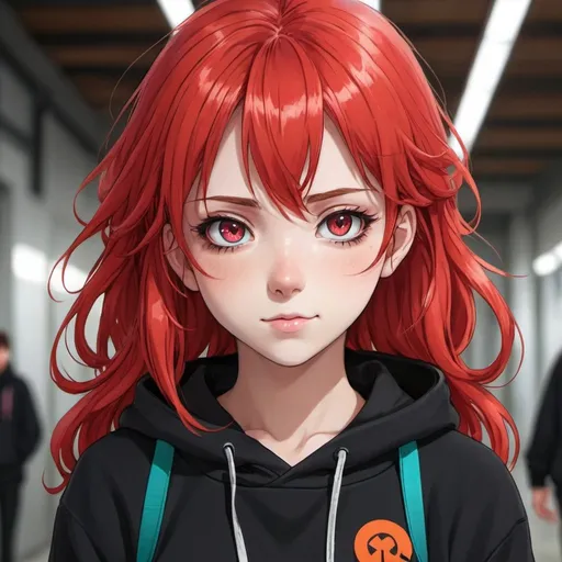 Prompt: Anime girl with vibrant red hair, black sweatshirt, lanyard, highres, detailed eyes, anime, vibrant colors