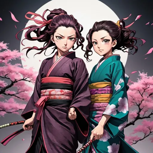 Prompt: Nezuko and Tanjiro, manga illustration, vibrant colors, dynamic action poses, detailed kimono designs, intense emotions, anime style, high quality, vibrant colors, dynamic composition, detailed character expressions, detailed clothing, dramatic lighting