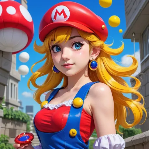Prompt: Anime illustration of Mario transformed into a girl, bright and vibrant colors, playful expression, detailed clothing and accessories, high quality, anime, vibrant colors, detailed clothing, playful expression