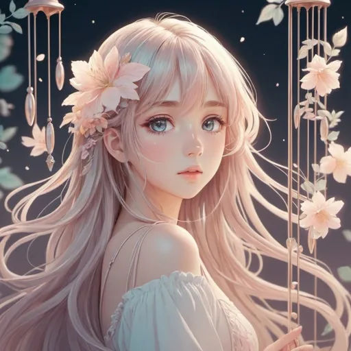 Prompt: Anime chimes girl, intricate line art, soft pastel colors, dreamy atmosphere, flowing long hair with floral accents, dainty chimes accessories, ethereal glow, detailed eyes, 4k, high-quality, anime, pastel tones, dreamy lighting