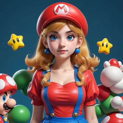 Prompt: Bouwer as a girl in Mario-themed anime illustration, vibrant and colorful, 3D rendering, playful expression, detailed outfit with iconic Mario elements, high quality, anime, 3D rendering, vibrant colors, playful expression