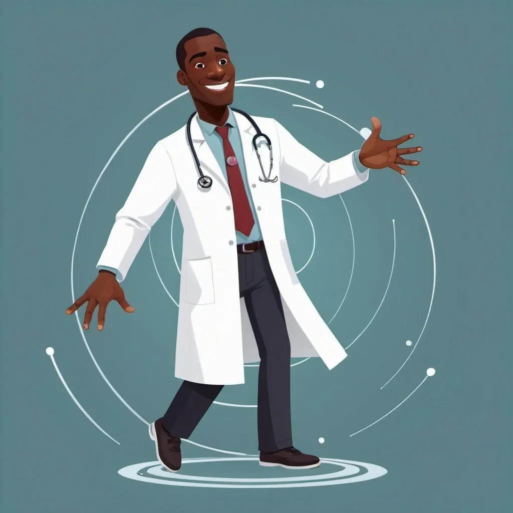 Prompt: Create a cartoon image of a tall, black man that is a doctor dressed in a white lab coat that is spinning around in circles
