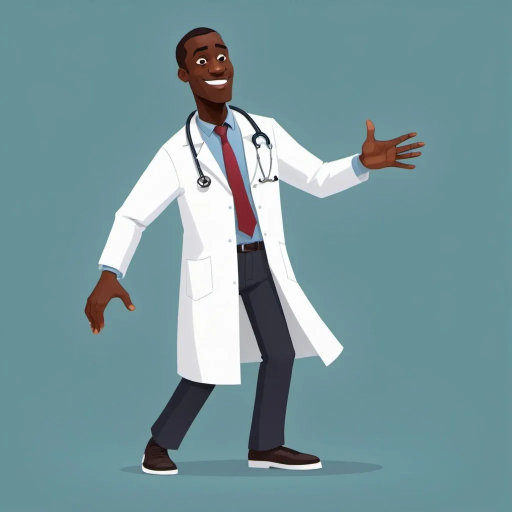 Prompt: Create a cartoon image of a tall, black man that is a doctor dressed in a white lab coat that is dancing