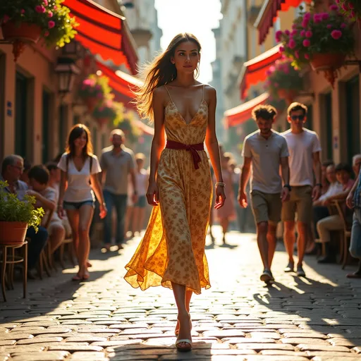 Prompt: Tall young woman walking down the high street, detailed clothing, realistic, natural lighting