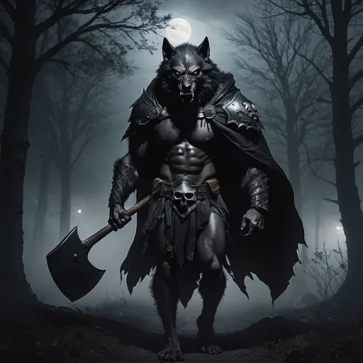 Prompt: black werewolf carrying axe on shoulder, skull cape, wearing armor, dark, foggy night, trees