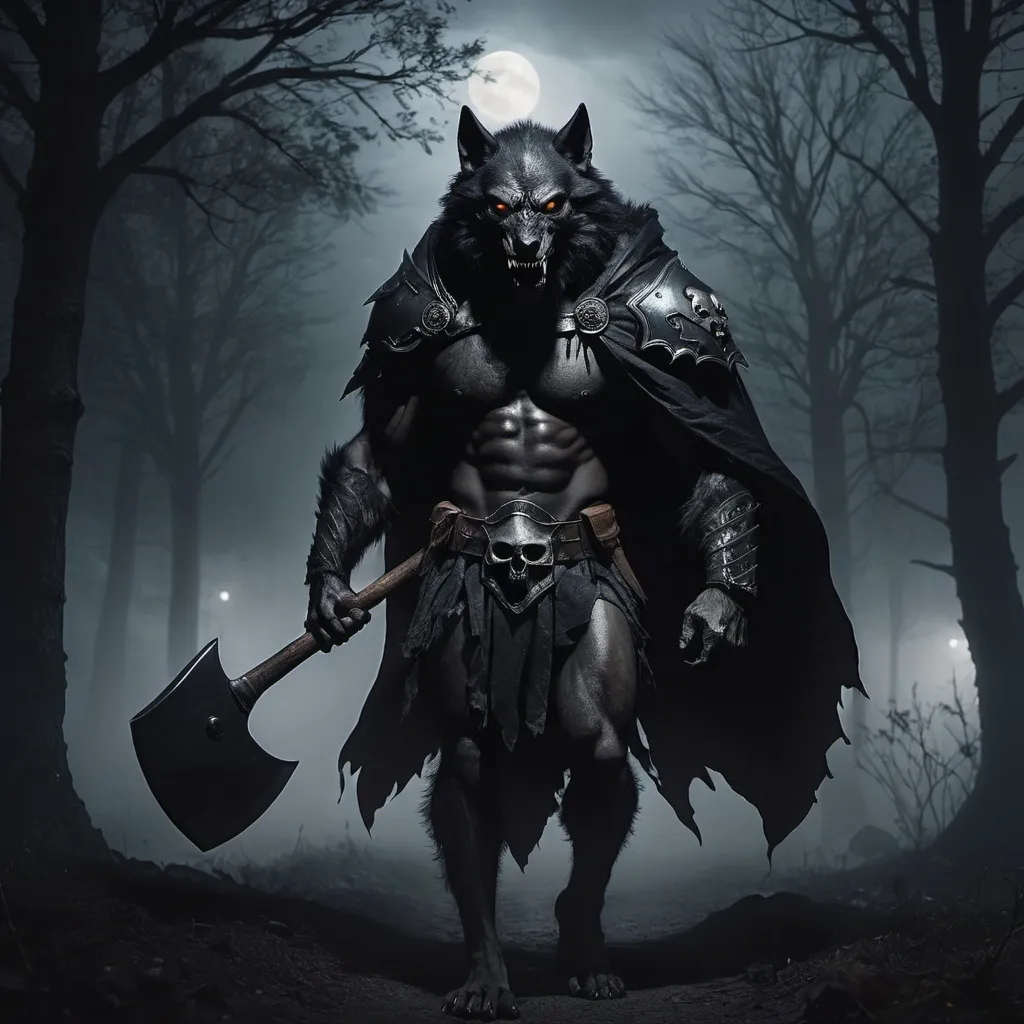 Prompt: black werewolf carrying axe on shoulder, skull cape, wearing armor, dark, foggy night, trees