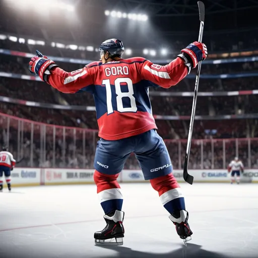 Prompt: NHL 24 character Goro in Washington Capitals jersey, wearing #18, celebrating goal, back facing camera, hockey arena background, high quality, realistic, dynamic pose, dramatic lighting, professional rendering