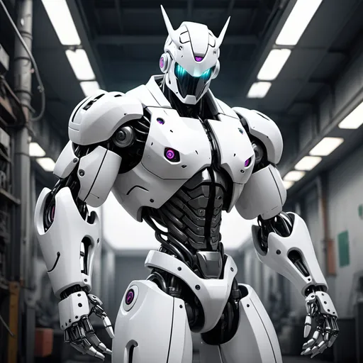 Prompt: Robot, hyper Punk setting, white color palet , Anime style, Muscular phisique
