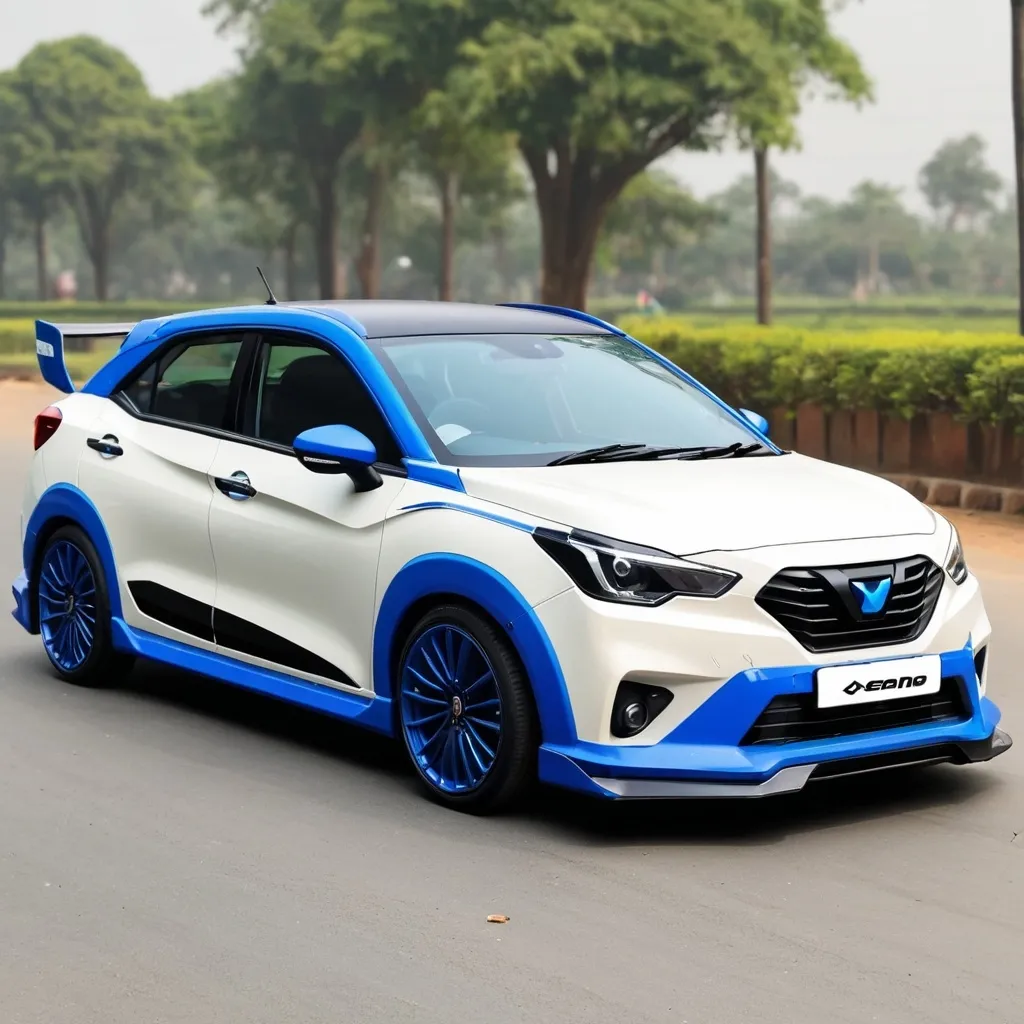 Prompt: Baleno 2023 Indian modify with roof scoop and rear wing spoiler side skirts and use white and blue combo front and rear views