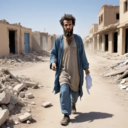 Prompt: Create an image of an Algerian man walking in destroyed city in the  desert with thick hair, a large beard, and shabby clothes. He looks tired and humiliated, and his  index finger is coloured with blue ink. He is walking trying to reach the ballot box.