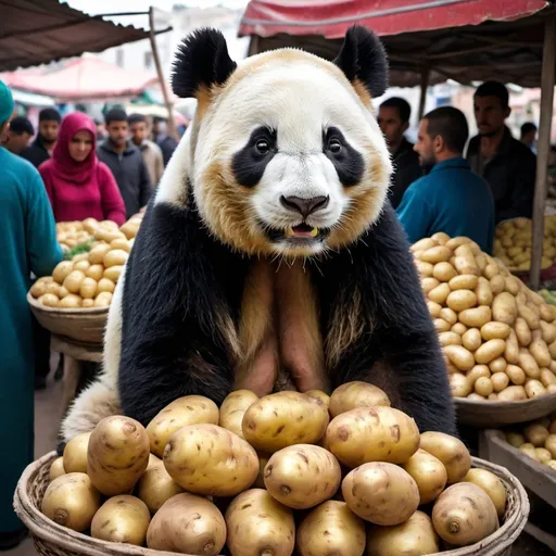 Prompt: A panda selling potato in an Algerian market