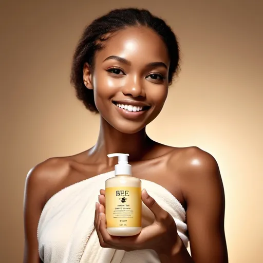 Prompt: (accurately spelled text "Bee"), a black model, holding a luxurious body lotion, showcasing smooth skin and a confident smile, (minimalist) elegant label design, soft focus background, warm and inviting lighting, emphasizing a (vibrant) spa-like atmosphere, ultra-detailed textures of the lotion, sophisticated and modern presentation, perfect for a skincare promotional image, (HD), polished and professional look.