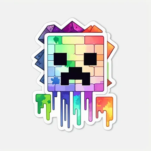 Prompt: Sticker design Minecraft-style creeper, watercolor, pastel rainbow, flat colors, isolated on a white background