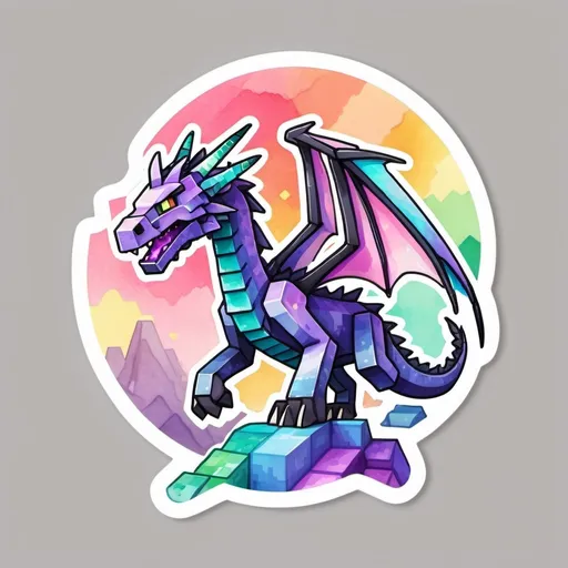 Prompt: Sticker design Minecraft-style ender dragon, watercolor, pastel rainbow, flat colors, isolated on a white background